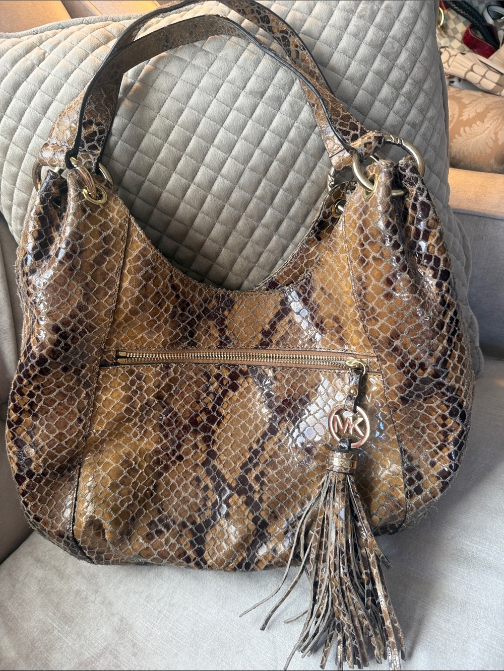 Michael Kors Brown and Tan Snake-Print Leather Hobo with Tassel Charm